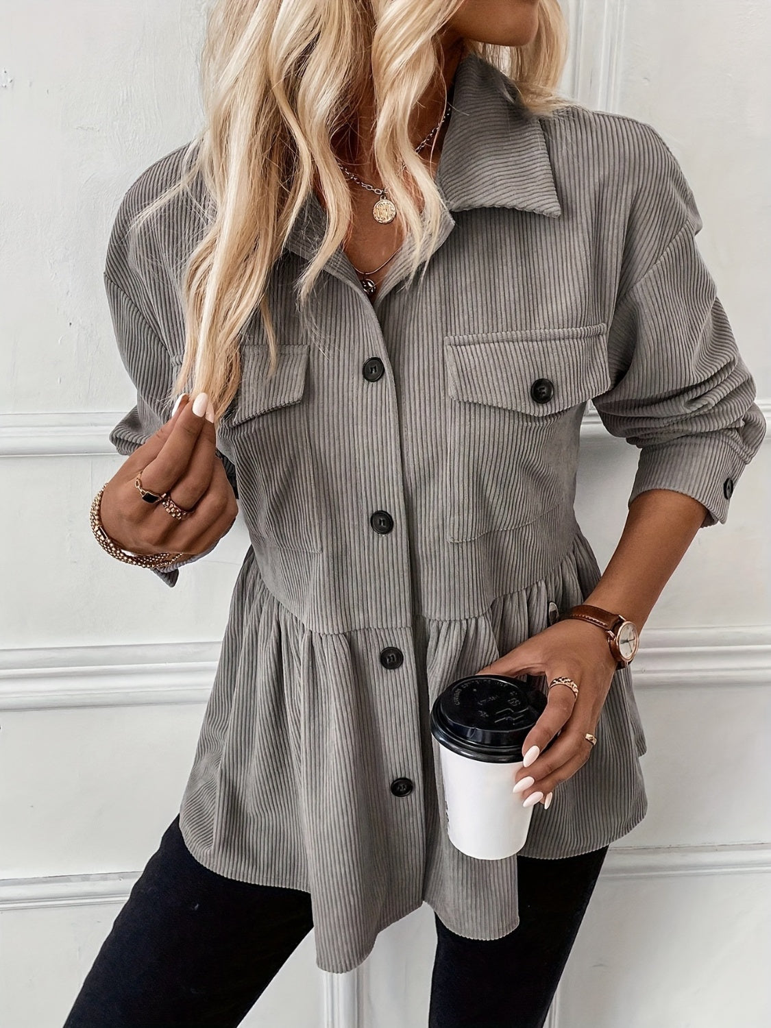 Corduroy Peplum Button Up Shacket