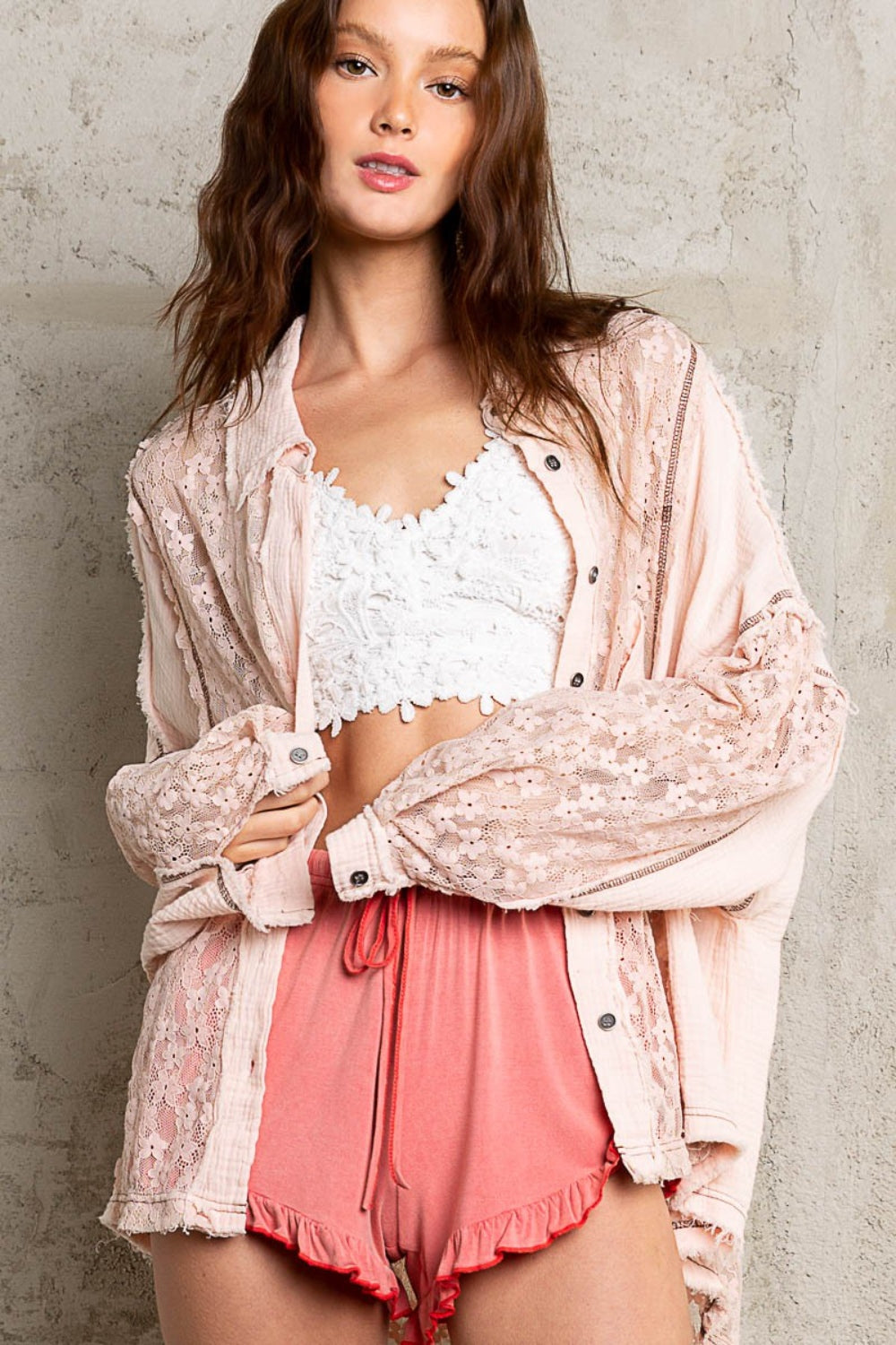 POL Oversize Lace Button-Down Shirt