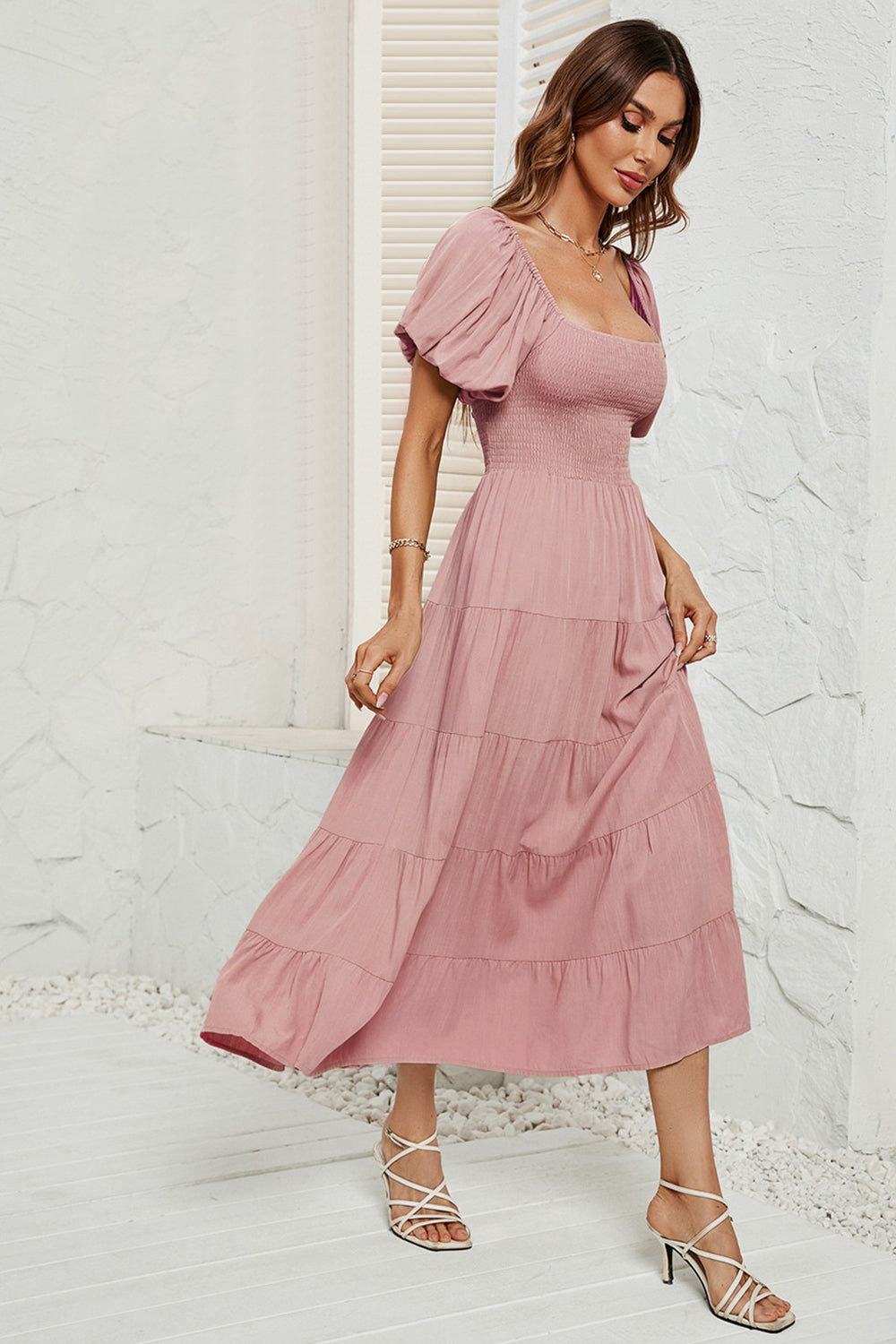 Smocked Square Neck Puff Sleeve Dress