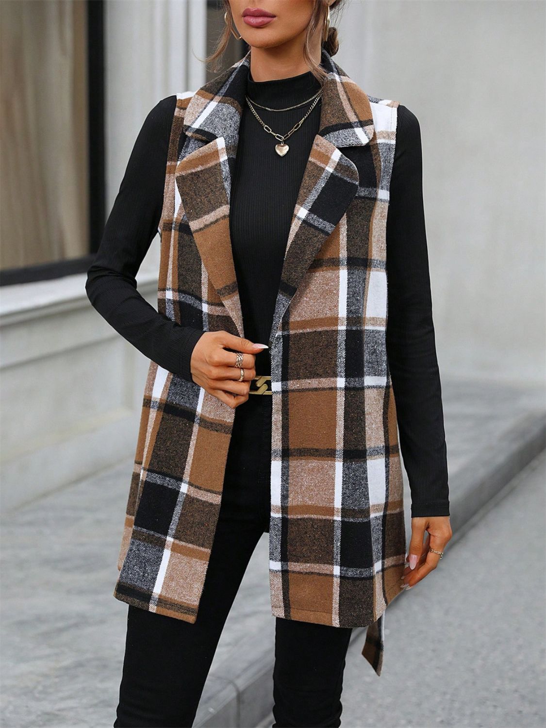 Tied Plaid Collared Neck Vest