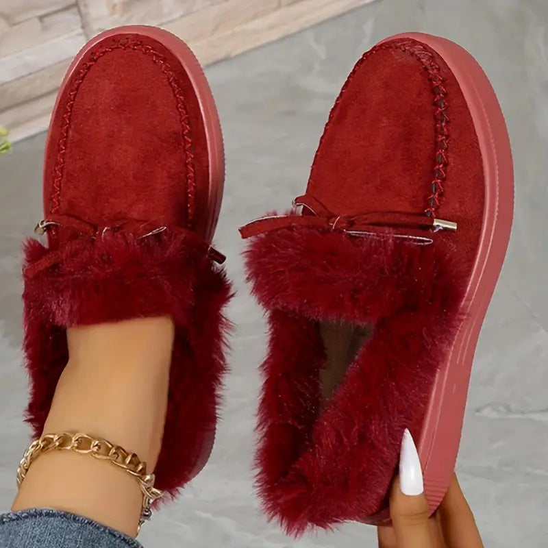 Bow Furry Round Toe Flat Slip-Ons