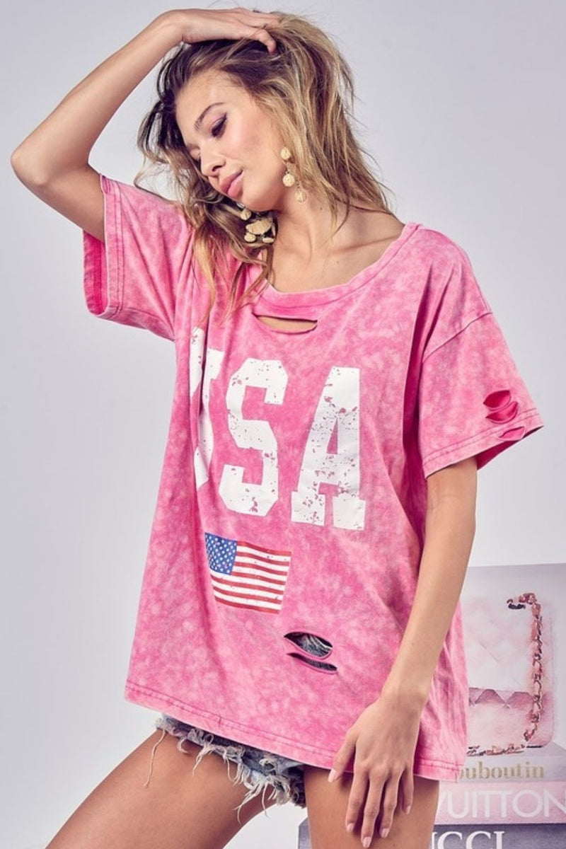 BiBi Washed American Flag Graphic Distressed T-Shirt