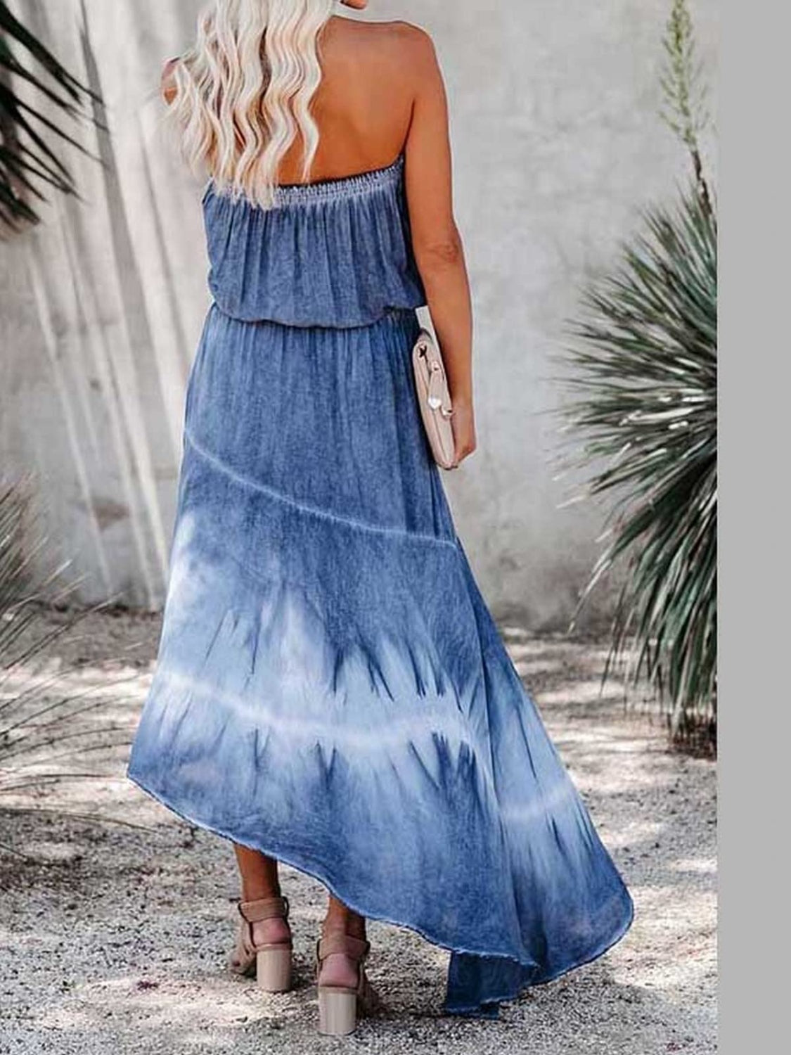 Smocked High-Low Tube Denim Dress