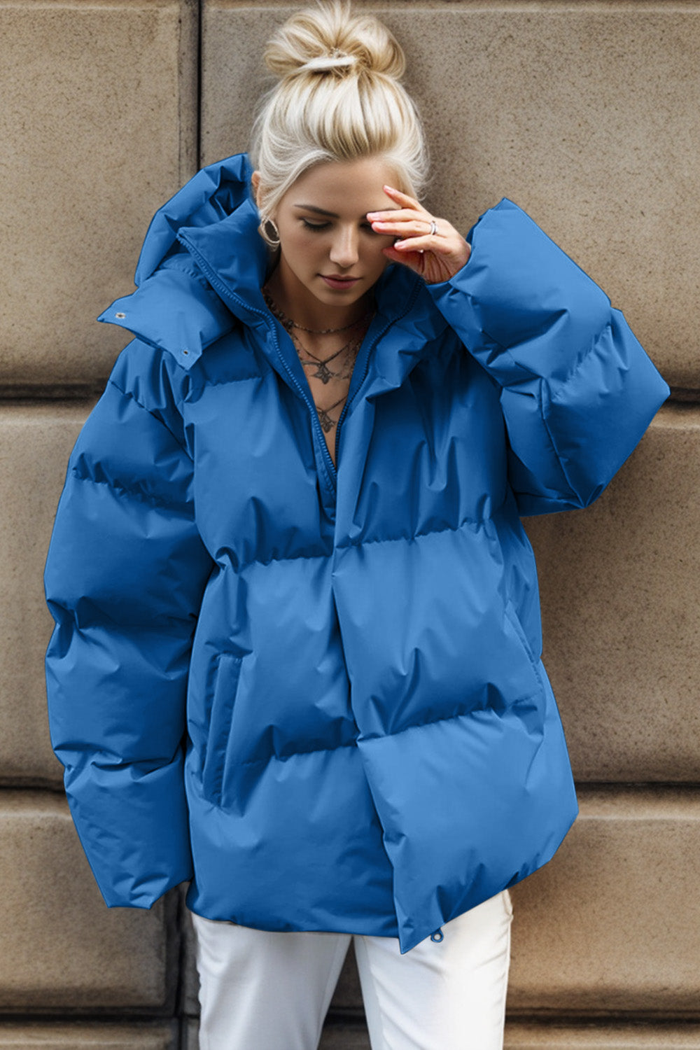 Pocketed Zip Up Hooded Puffer Jacket