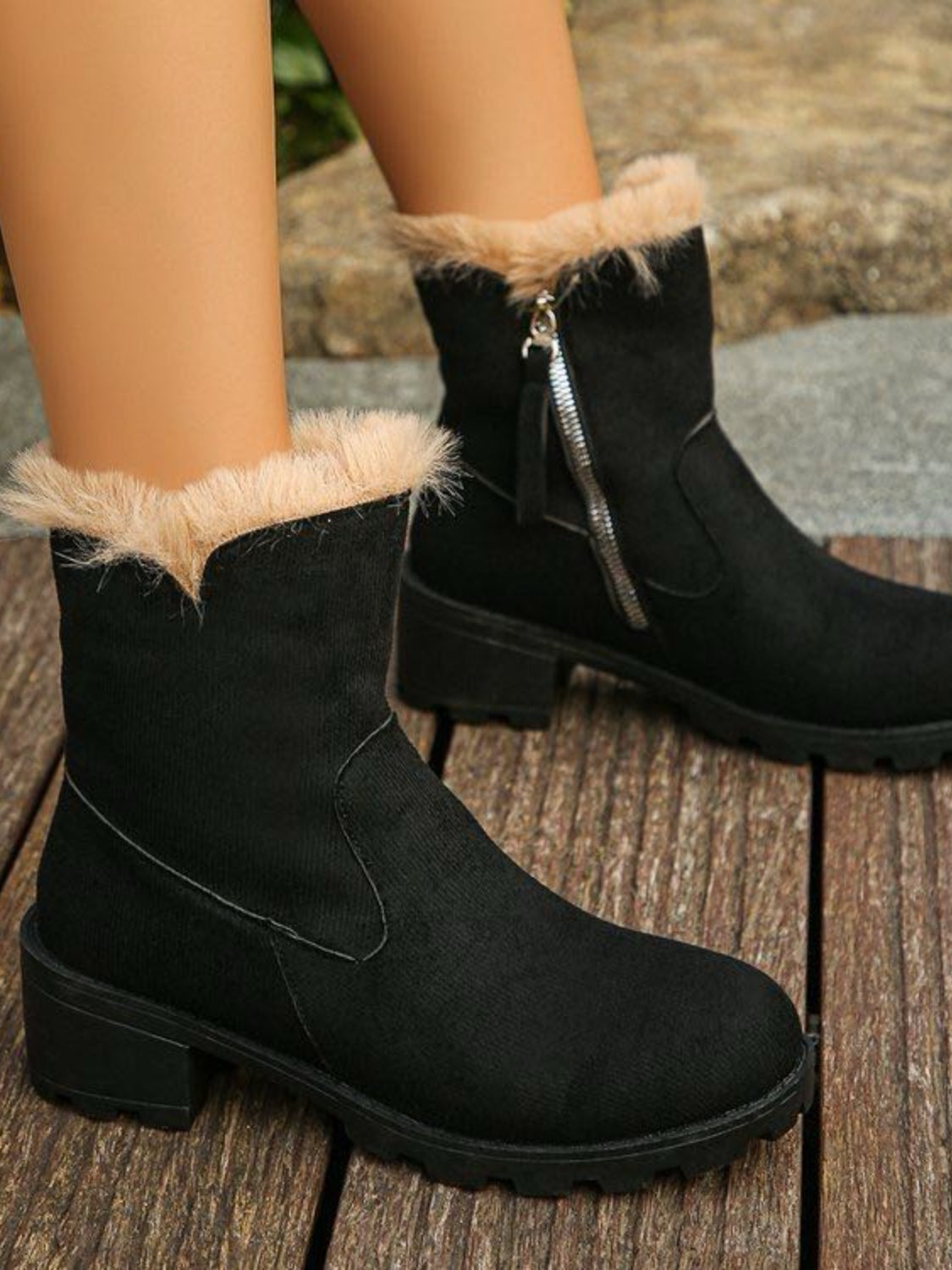 Suede Faux Fur Block Heel Boots