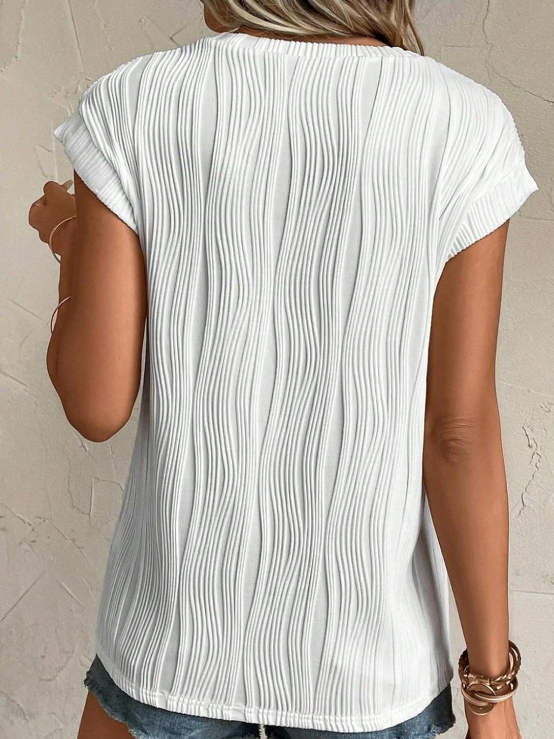 Textured Round Neck Cap Sleeve T-Shirt