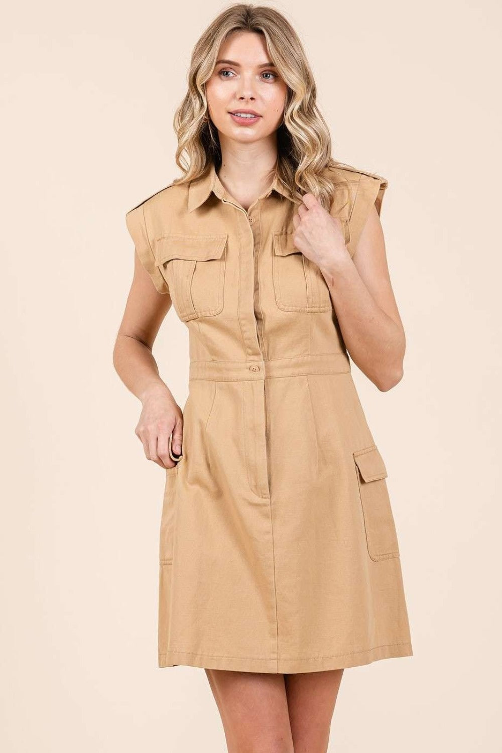 Mittoshop Cargo Pocket Half Button Mini Dress