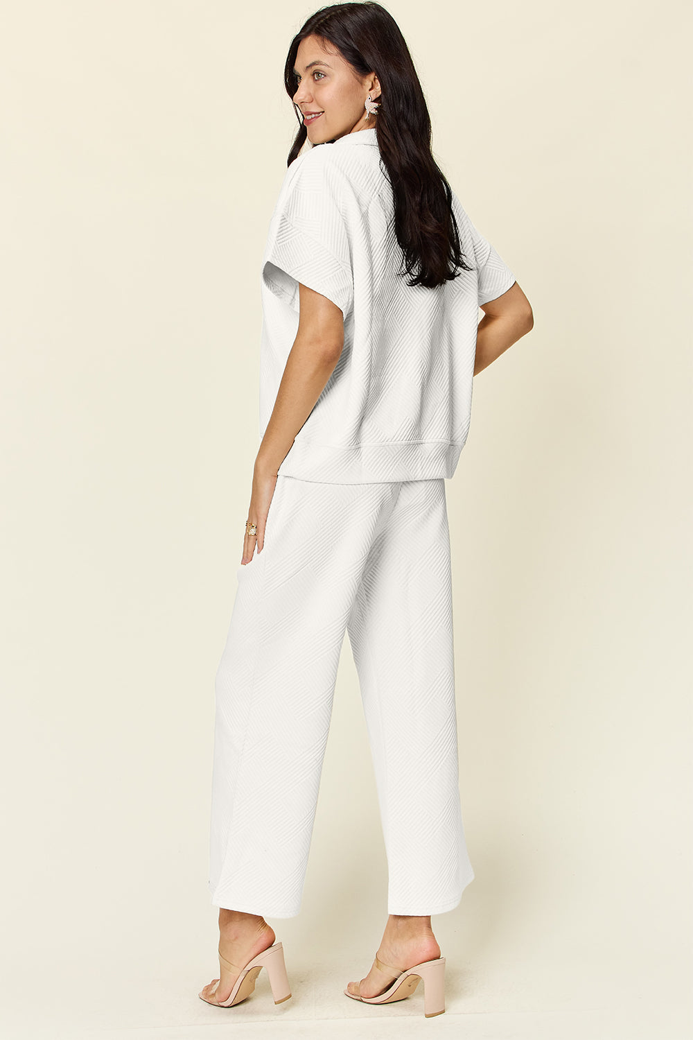 Double Take Full Size Texture Half Zip Short Sleeve Top and Pants Set