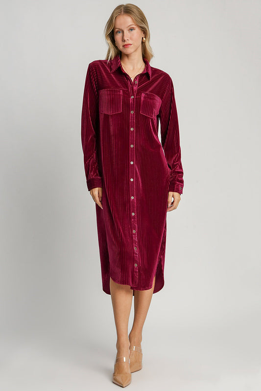 Umgee Texture Curved Hem Button Down Shirt Dress