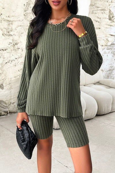 Ribbed Round Neck Dropped Shoulder Top and Shorts Set