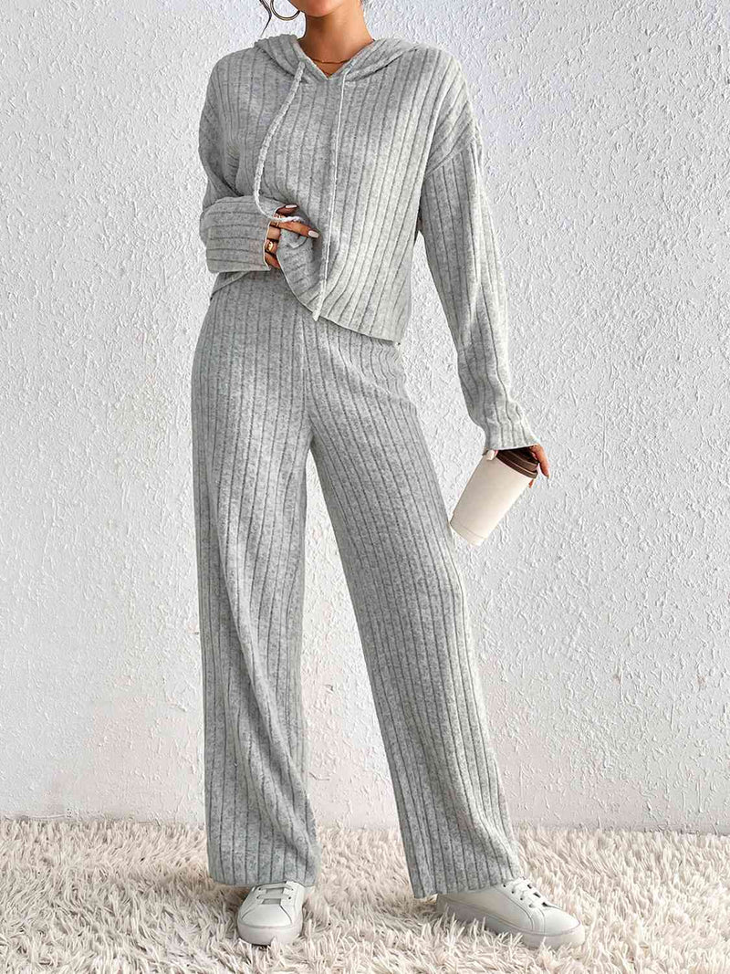 Drawstring Ribbed Hoodie and Straight Leg Pants Set