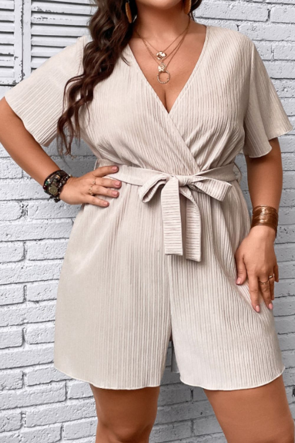 Size Tie Waist Surplice Neck Romper