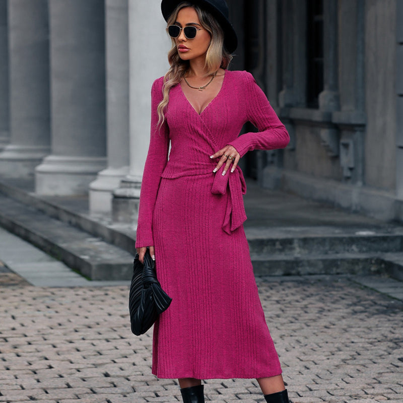 Surplice Neck Tied Long Sleeve Dress