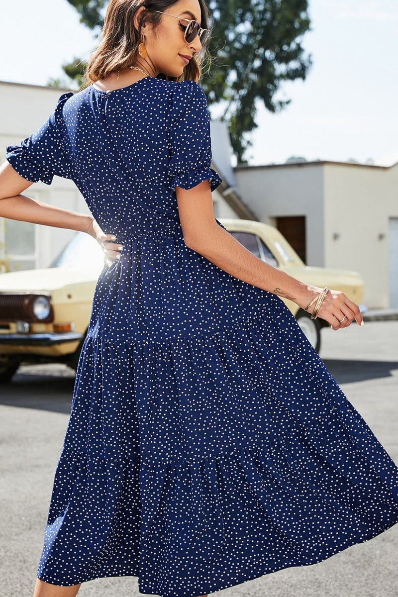 Polka Dot Short Flounce Sleeve Tiered Midi Dress