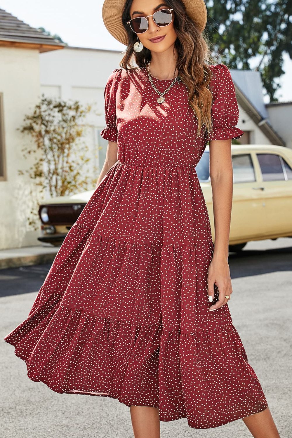 Polka Dot Short Flounce Sleeve Tiered Midi Dress