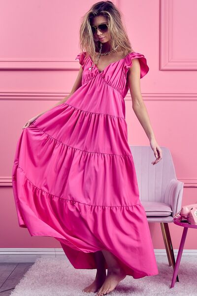 BiBi Tiered Ruffled Cap Sleeve Maxi Dress