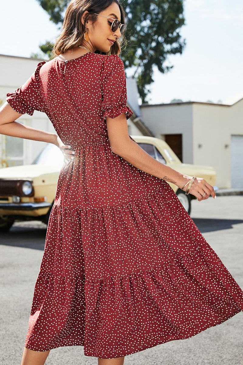 Polka Dot Short Flounce Sleeve Tiered Midi Dress