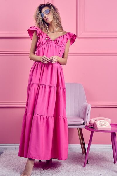 BiBi Tiered Ruffled Cap Sleeve Maxi Dress