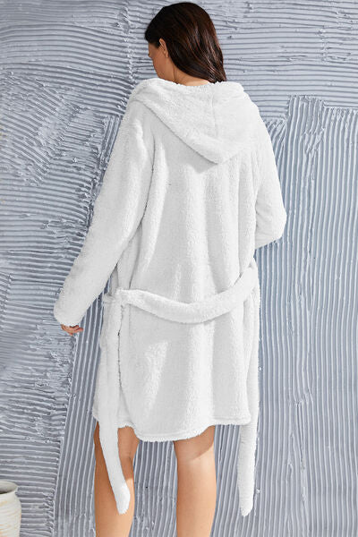 Fuzzy Tied Pocketed Hooded Lounge Nightgown