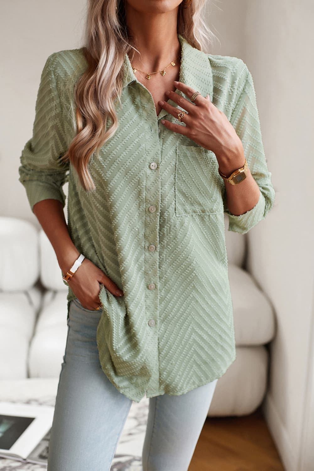 Collared Neck Long Sleeve Pocketed Shirt