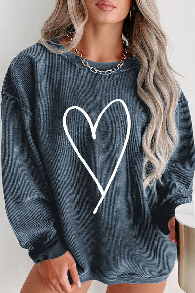 Plus Size Heart Ribbed Round Neck Sweatshirt