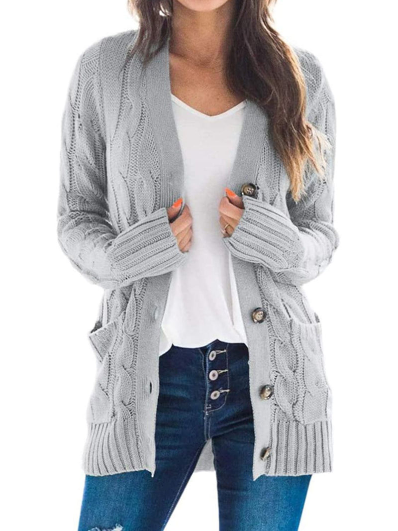 Cable-Knit Buttoned Cardigan with Pockets