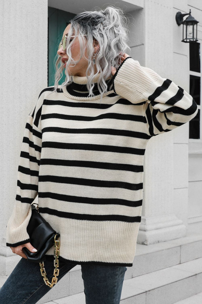 Striped Turtleneck Drop Shoulder Sweater