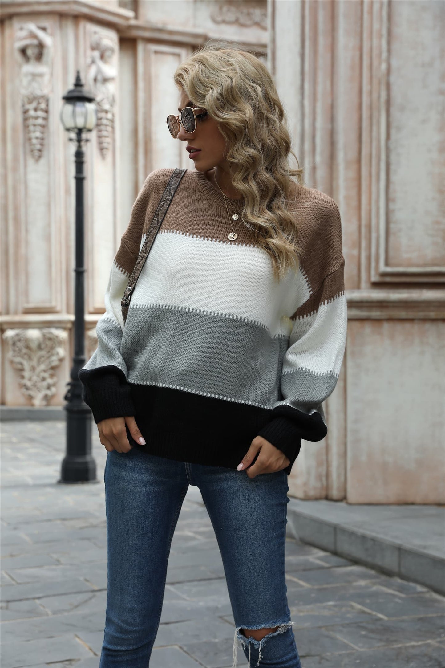 Color Block Round Neck Sweater