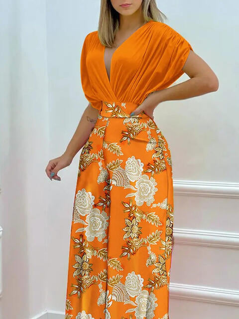 Printed Surplice Top and Wide Leg Pants Set