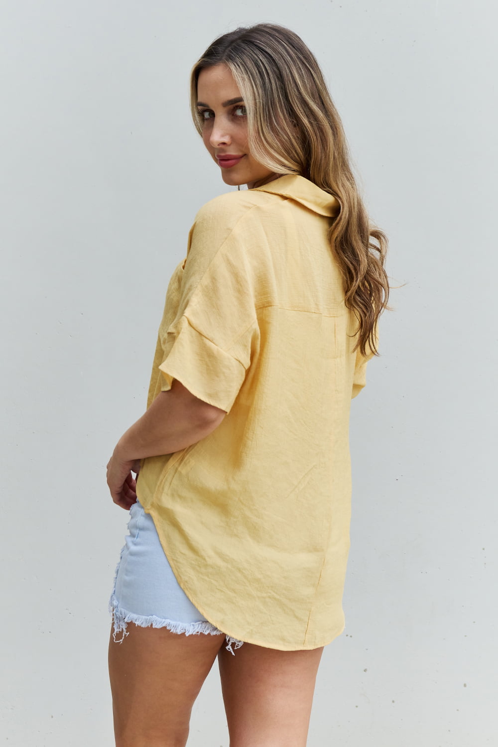 HYFVE Chill Mode High Low Hem Button Down Top