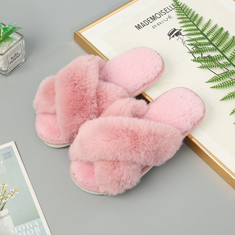 Faux Fur Crisscross Strap Slippers