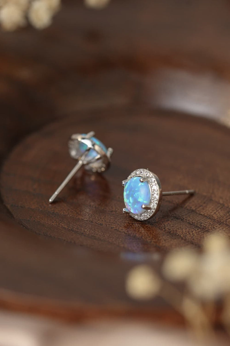 Silver Opal Round Stud Earrings