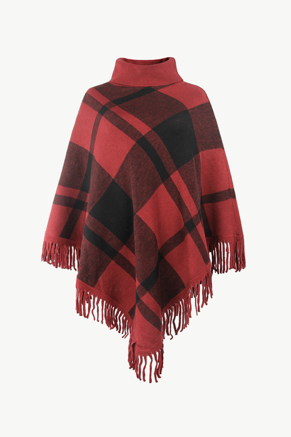 Plaid Turtleneck Fringe Hem Poncho