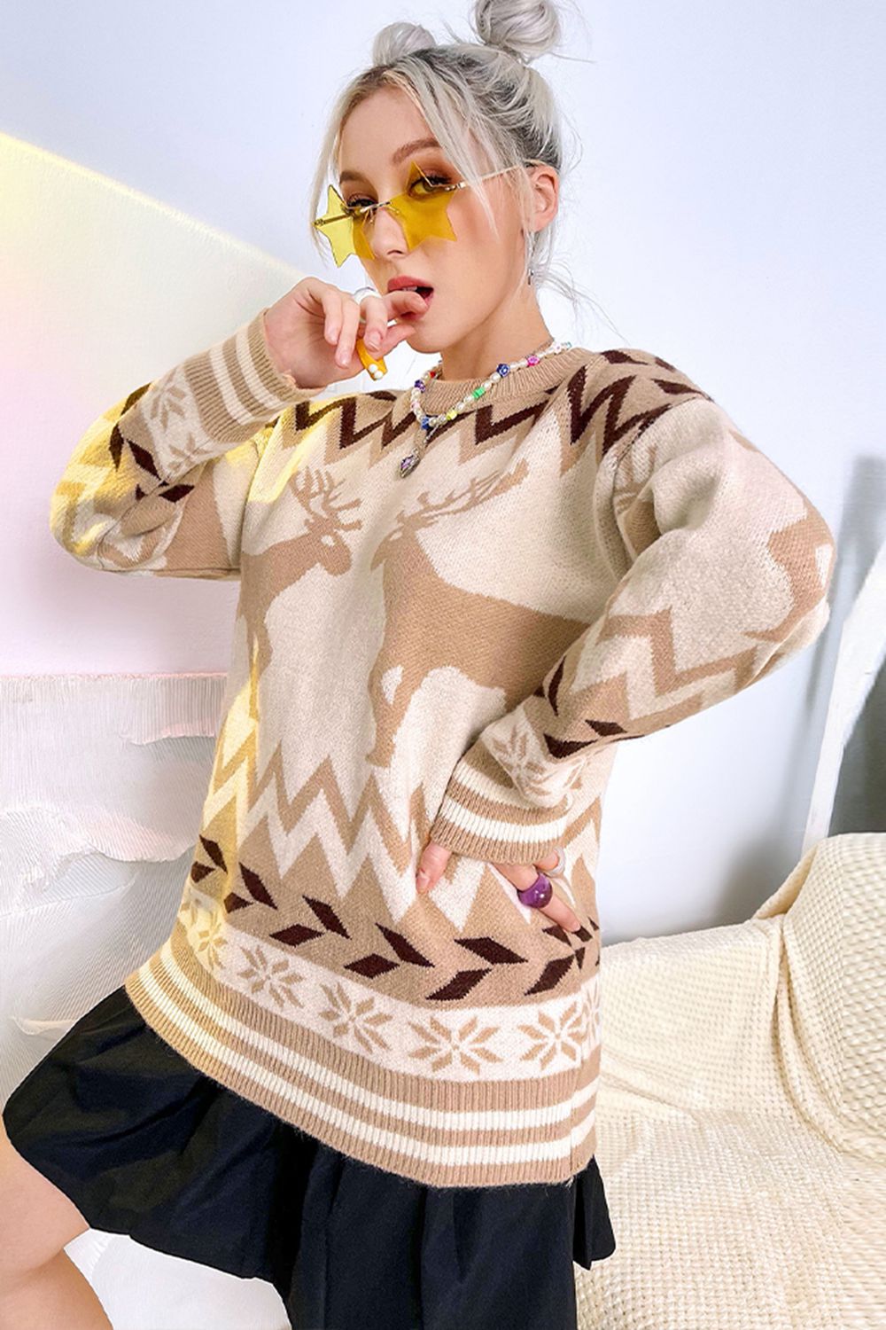 Deer Pattern Round Neck Dropped Shoulder Sweater