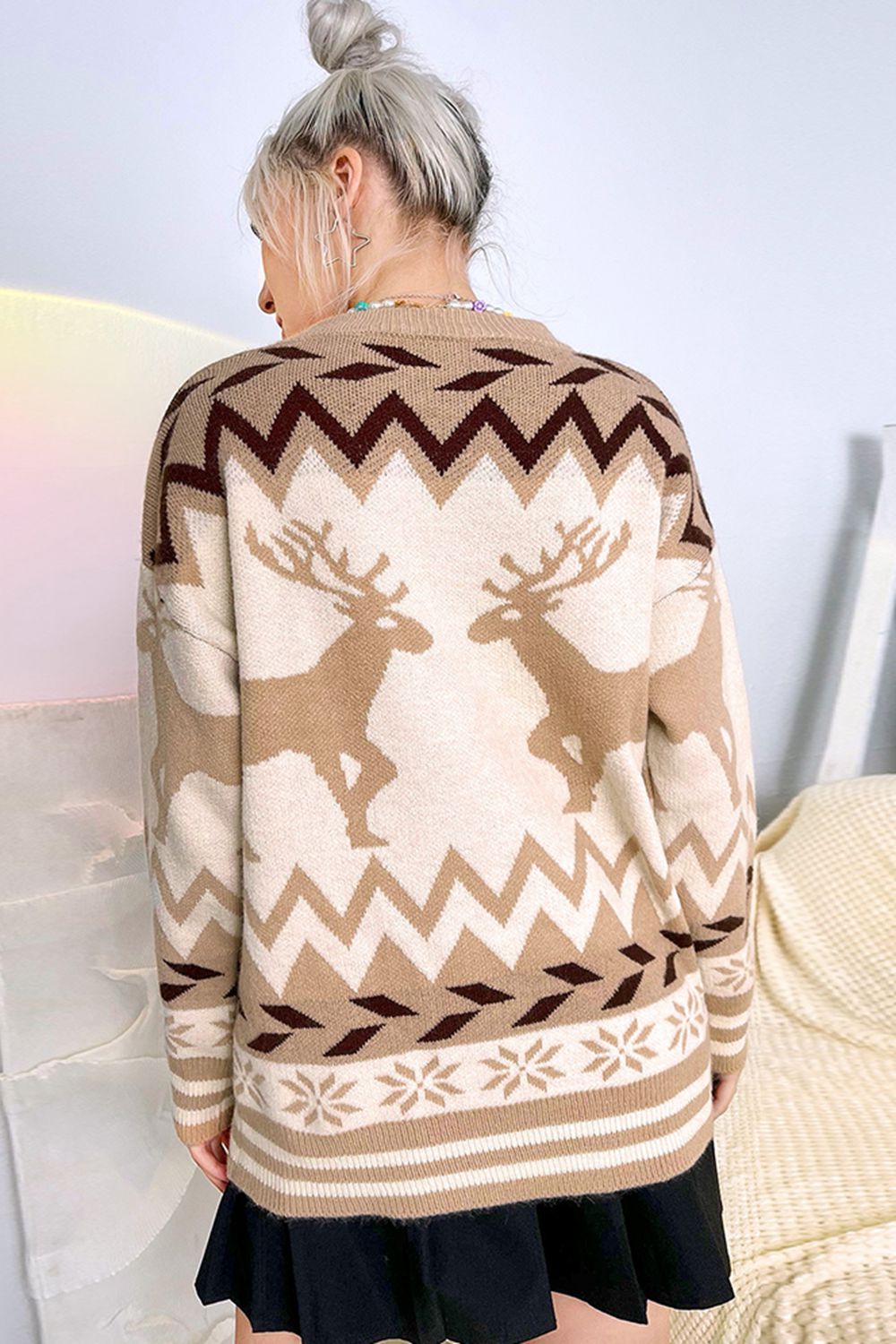 Deer Pattern Round Neck Dropped Shoulder Sweater