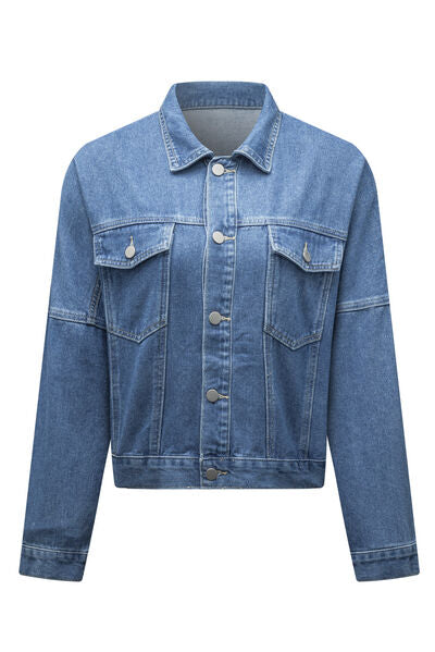 Pocketed Button Up Dropped Shoulder Denim Jacket