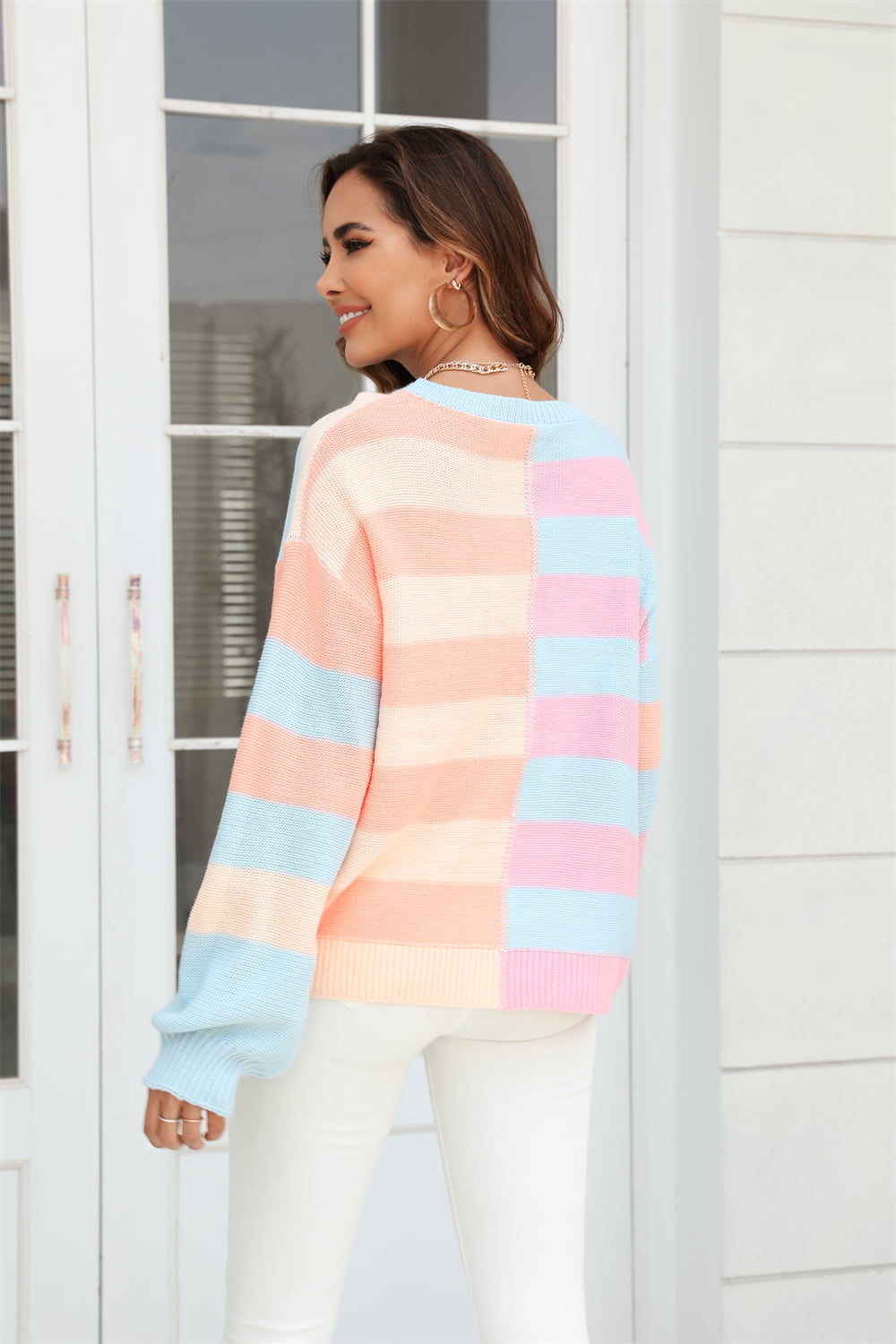 Round Neck Long Sleeve Color Block Dropped Shoulder Pullover Sweater