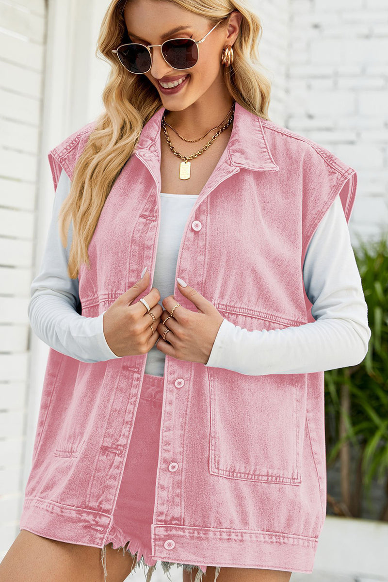 Button Down Collared Neck Denim Jacket