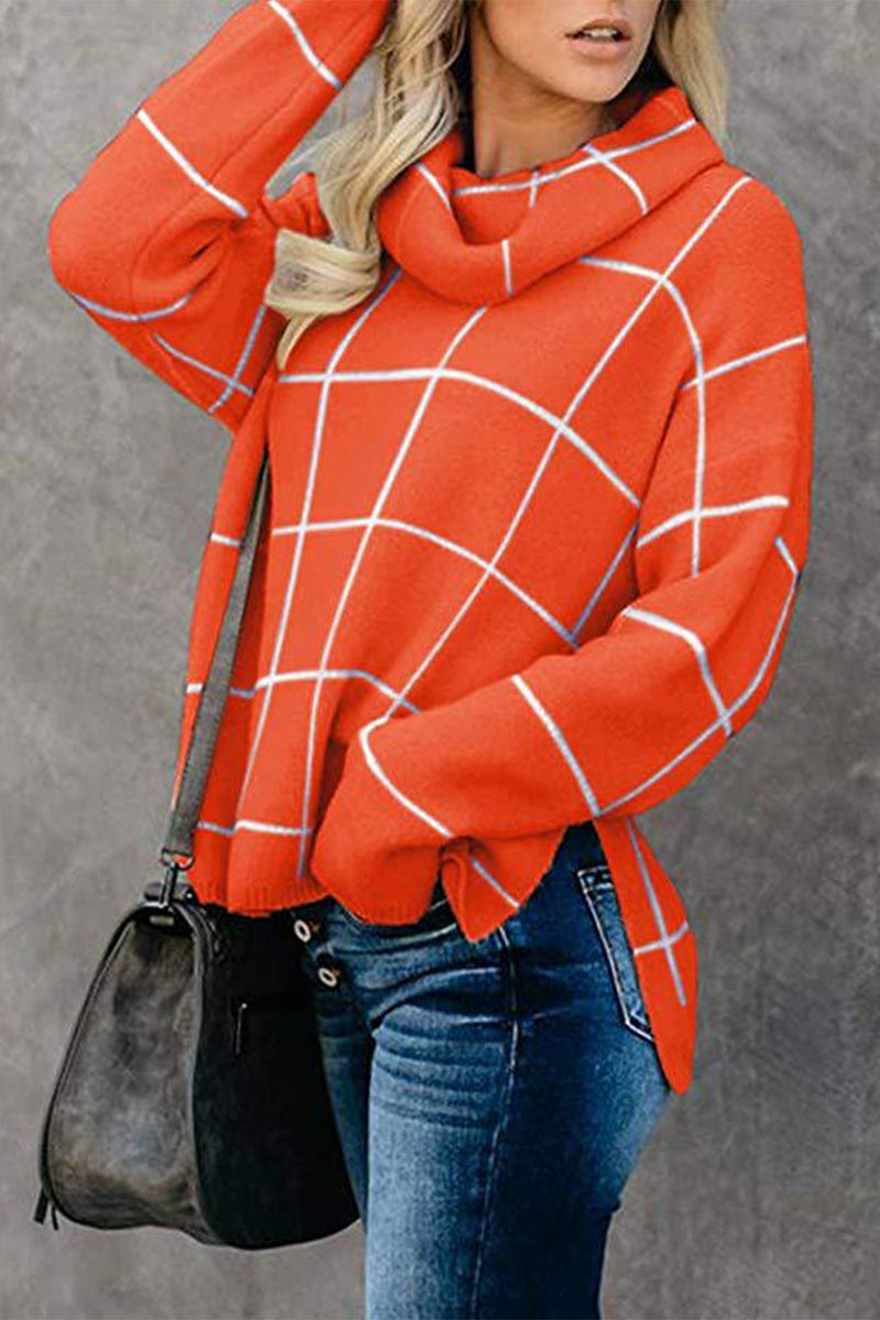 Plaid Turtleneck Drop Shoulder Sweater