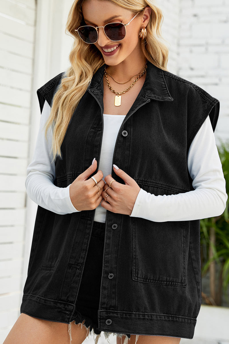 Button Down Collared Neck Denim Jacket