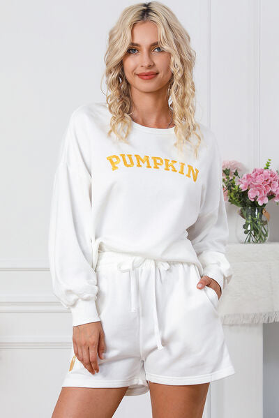 PUMPKIN Round Neck Sweatshirt and Shorts Set