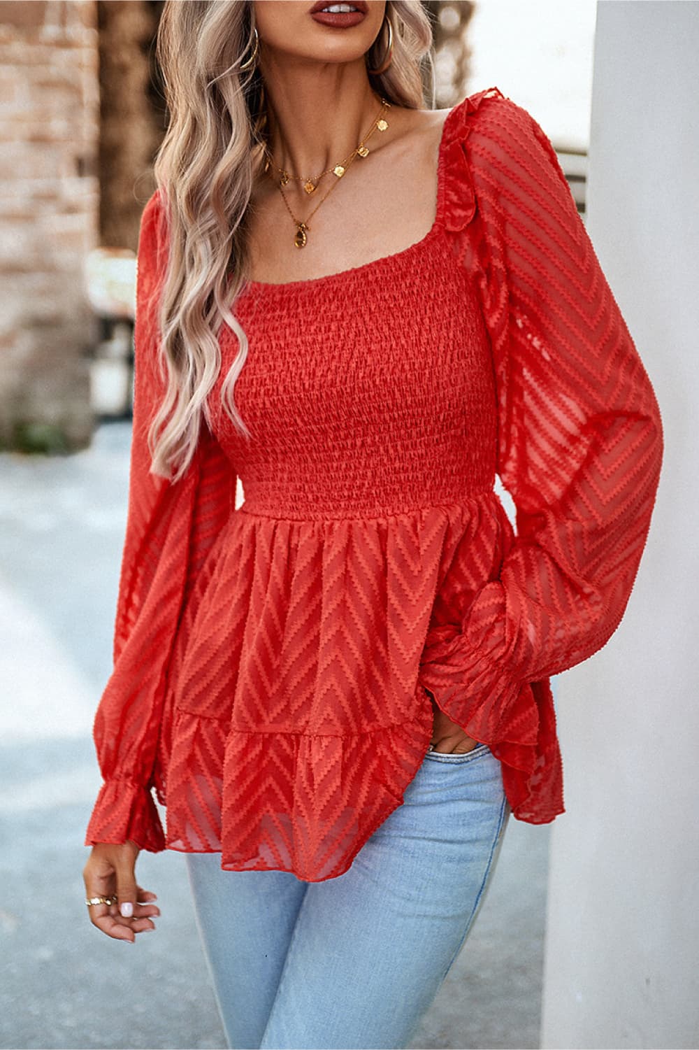 Square Neck Flounce Sleeve Peplum Top