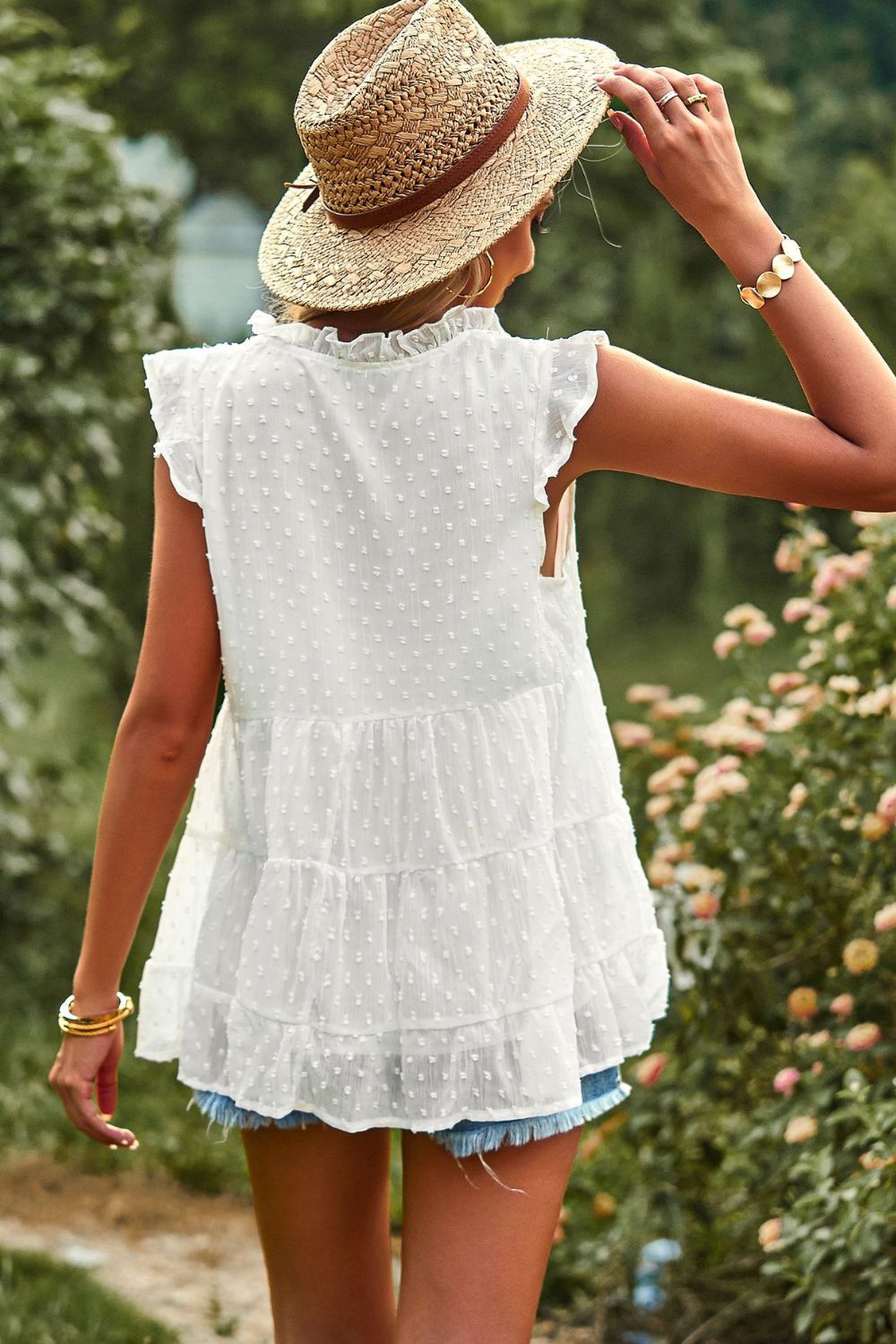 Swiss Dot Ruffle Shoulder Tiered Top