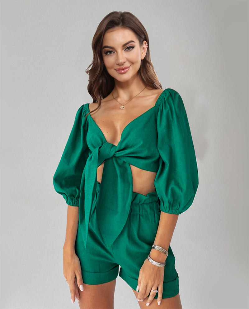 Cutout Puff Sleeve Top and Shorts Set