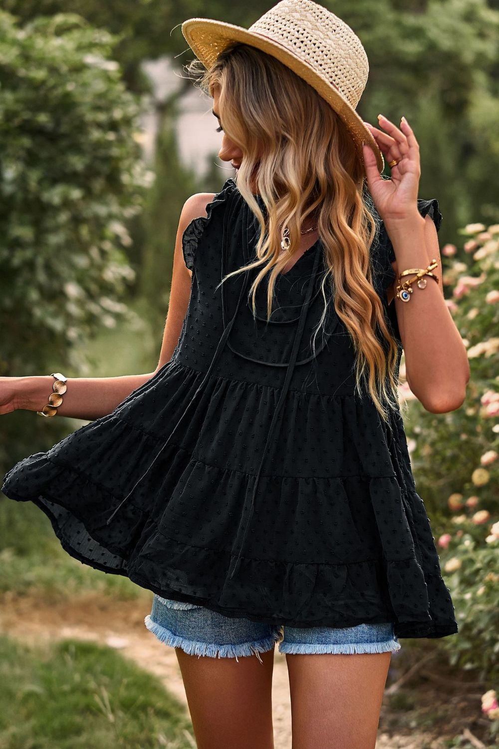 Swiss Dot Ruffle Shoulder Tiered Top