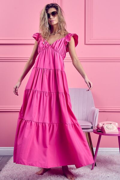 BiBi Tiered Ruffled Cap Sleeve Maxi Dress