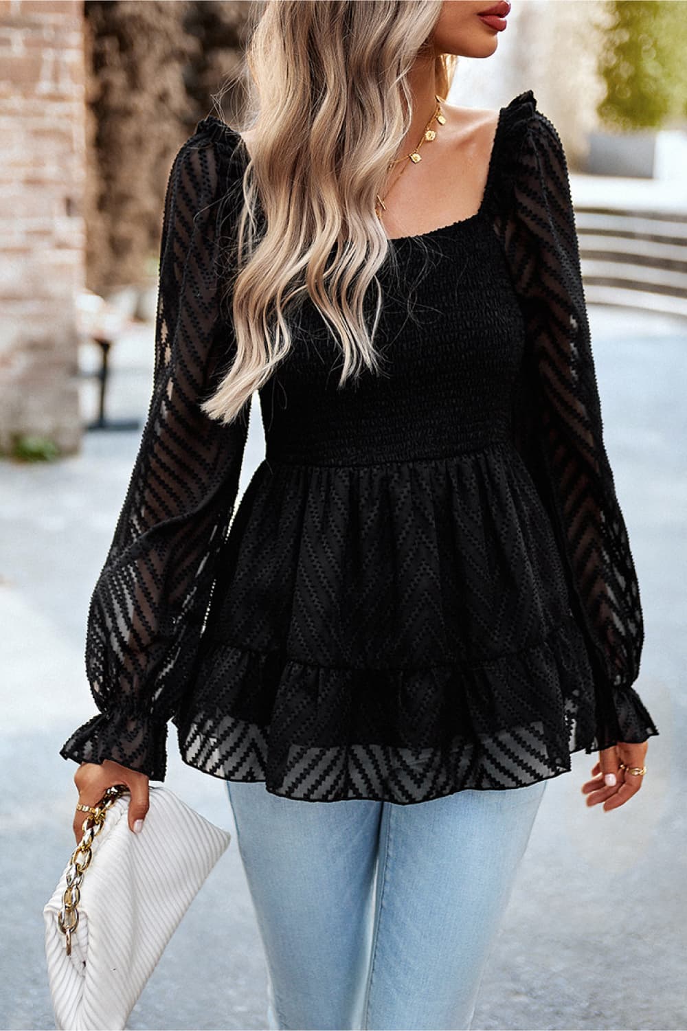 Square Neck Flounce Sleeve Peplum Top