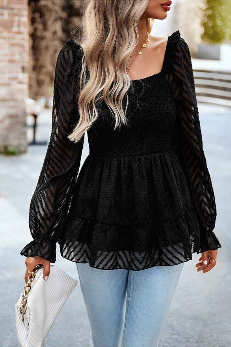 Square Neck Flounce Sleeve Peplum Top