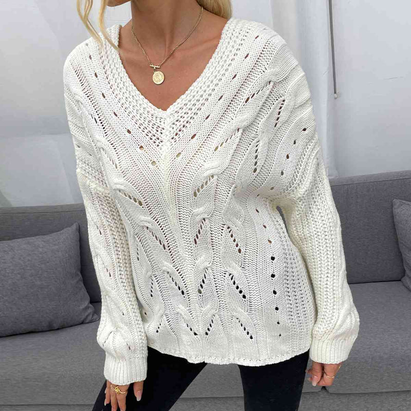 Openwork V-Neck Long Sleeve Sweater