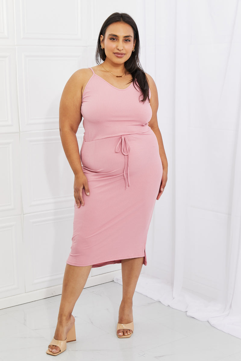 Capella Flatter Me Full Size Ribbed Front Tie Midi Dress in Blush Pink